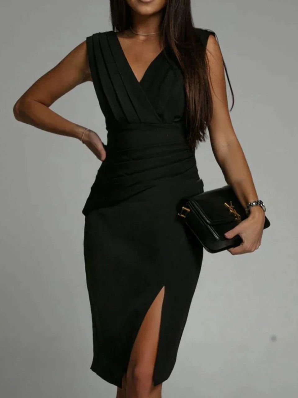 Amelie | Women’s Formal Dress With Pleated V-Neck And Side Slit | Elegant