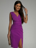 Amelie | Women’s Formal Dress With Pleated V-Neck And Side Slit | Elegant