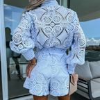 Ava | Women's Lace Romper With Long Sleeves And Button Front