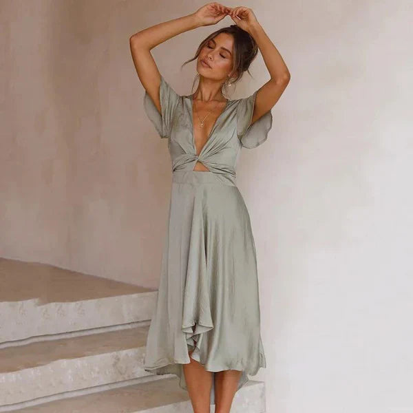 Avery | Women's Graduation Dress With Deep V-Neck And High-Low Hem | Graceful