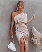 Camille | Women's Day Dress With Asymmetric Neckline And Draped Waist | Elegant