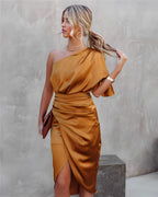 Camille | Women's Day Dress With Asymmetric Neckline And Draped Waist | Elegant