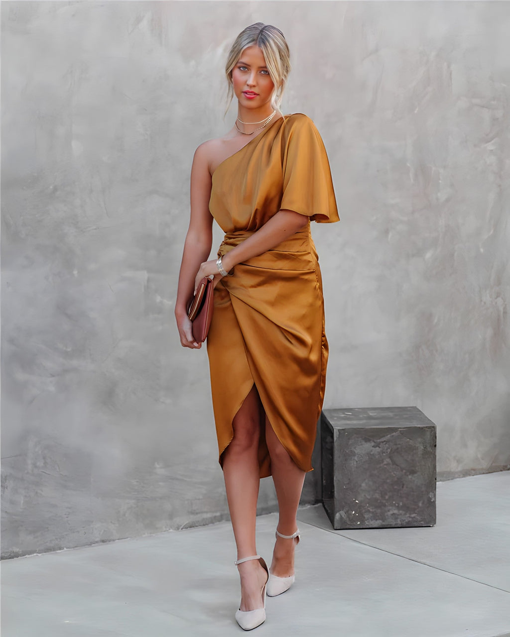 Camille | Women's Day Dress With Asymmetric Neckline And Draped Waist | Elegant