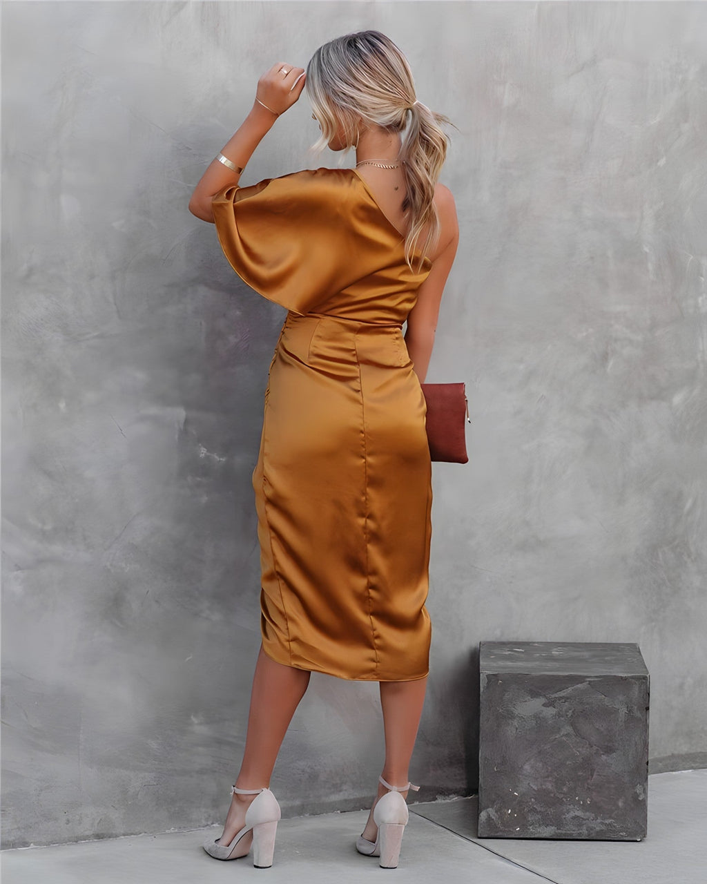 Camille | Women's Day Dress With Asymmetric Neckline And Draped Waist | Elegant