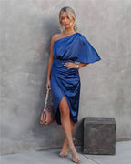 Camille | Women's Day Dress With Asymmetric Neckline And Draped Waist | Elegant
