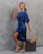Camille | Women's Day Dress With Asymmetric Neckline And Draped Waist | Elegant