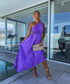 Celeste | Women's Cocktail Dress With One-Shoulder Pleated Design And Flowing Midi Style | Party