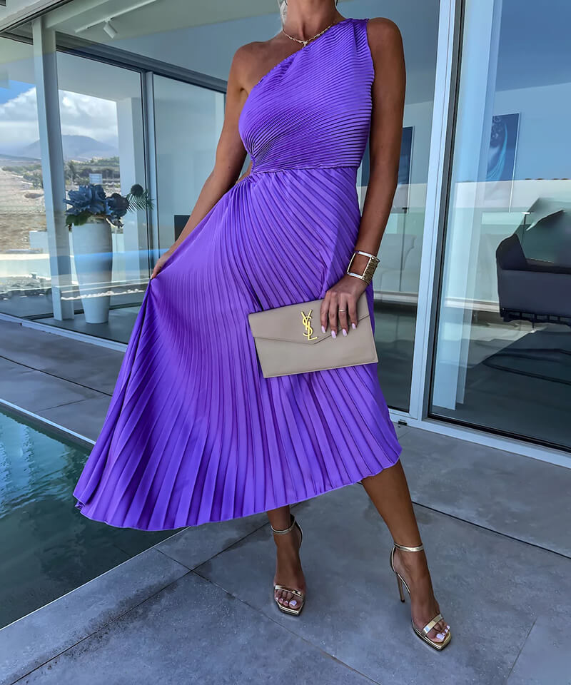 Celeste | Women's Cocktail Dress With One-Shoulder Pleated Design And Flowing Midi Style | Party