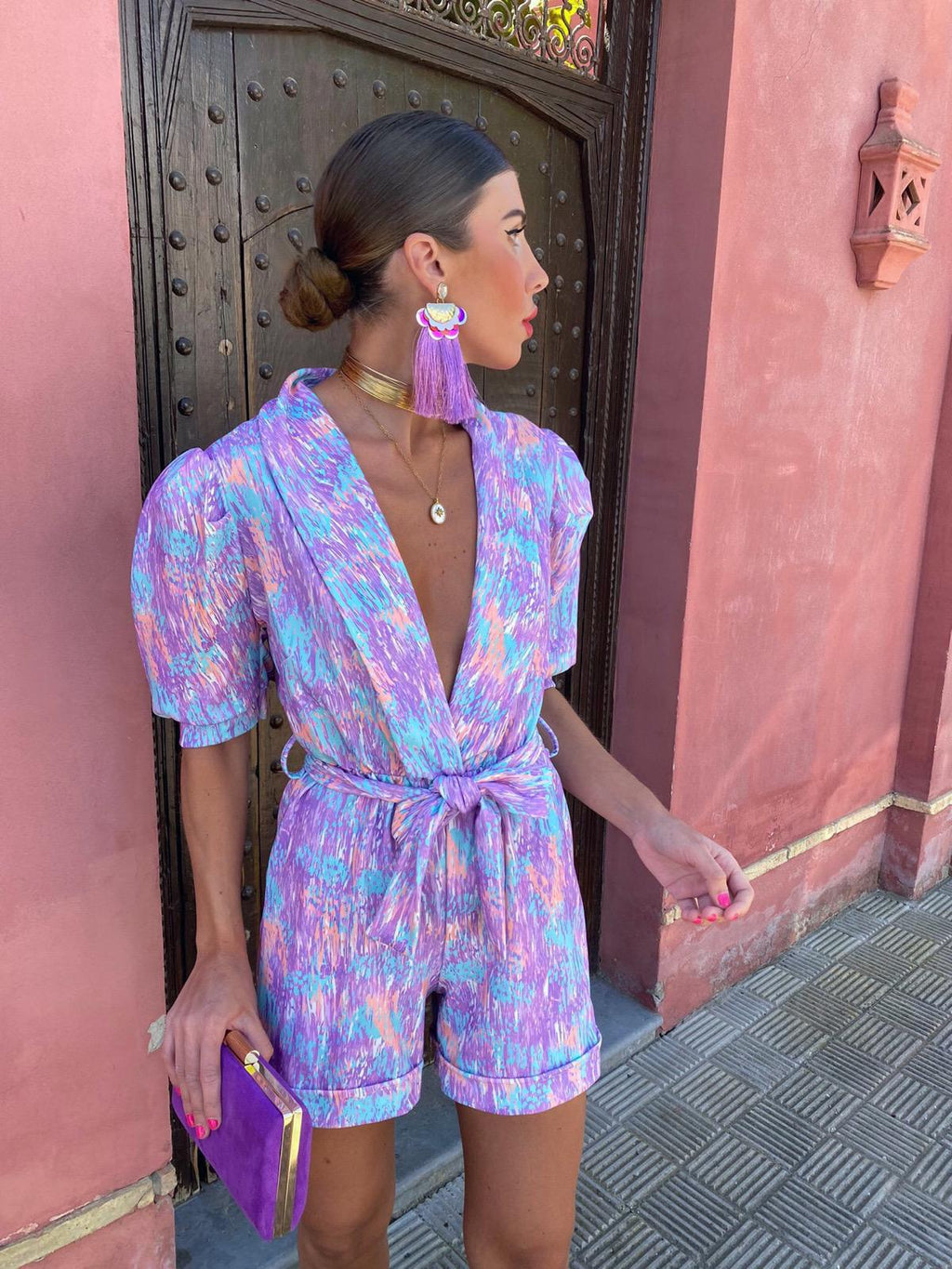 Charlotte | Women's V-Neck Romper With Puff Sleeves