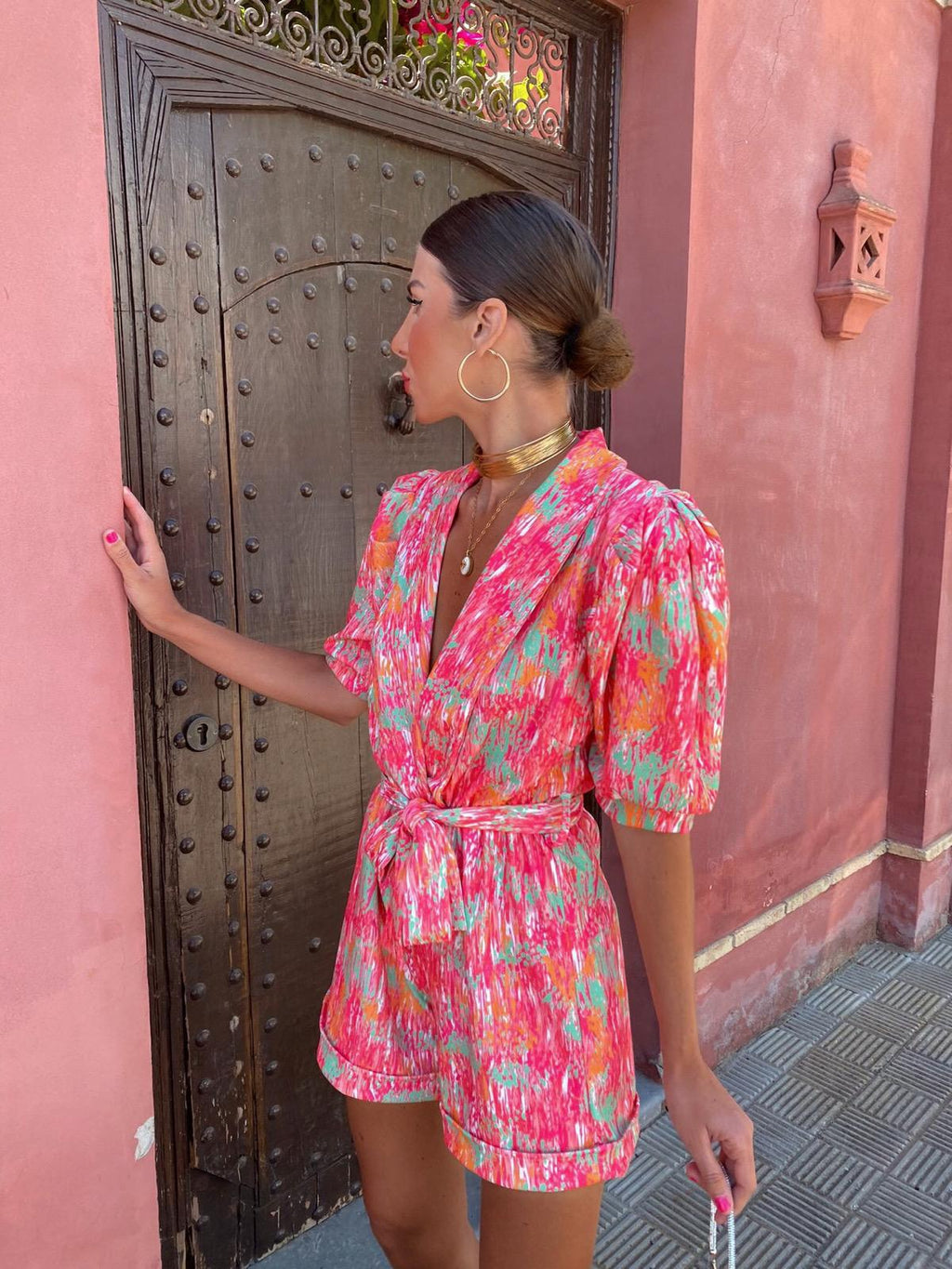 Charlotte | Women's V-Neck Romper With Puff Sleeves