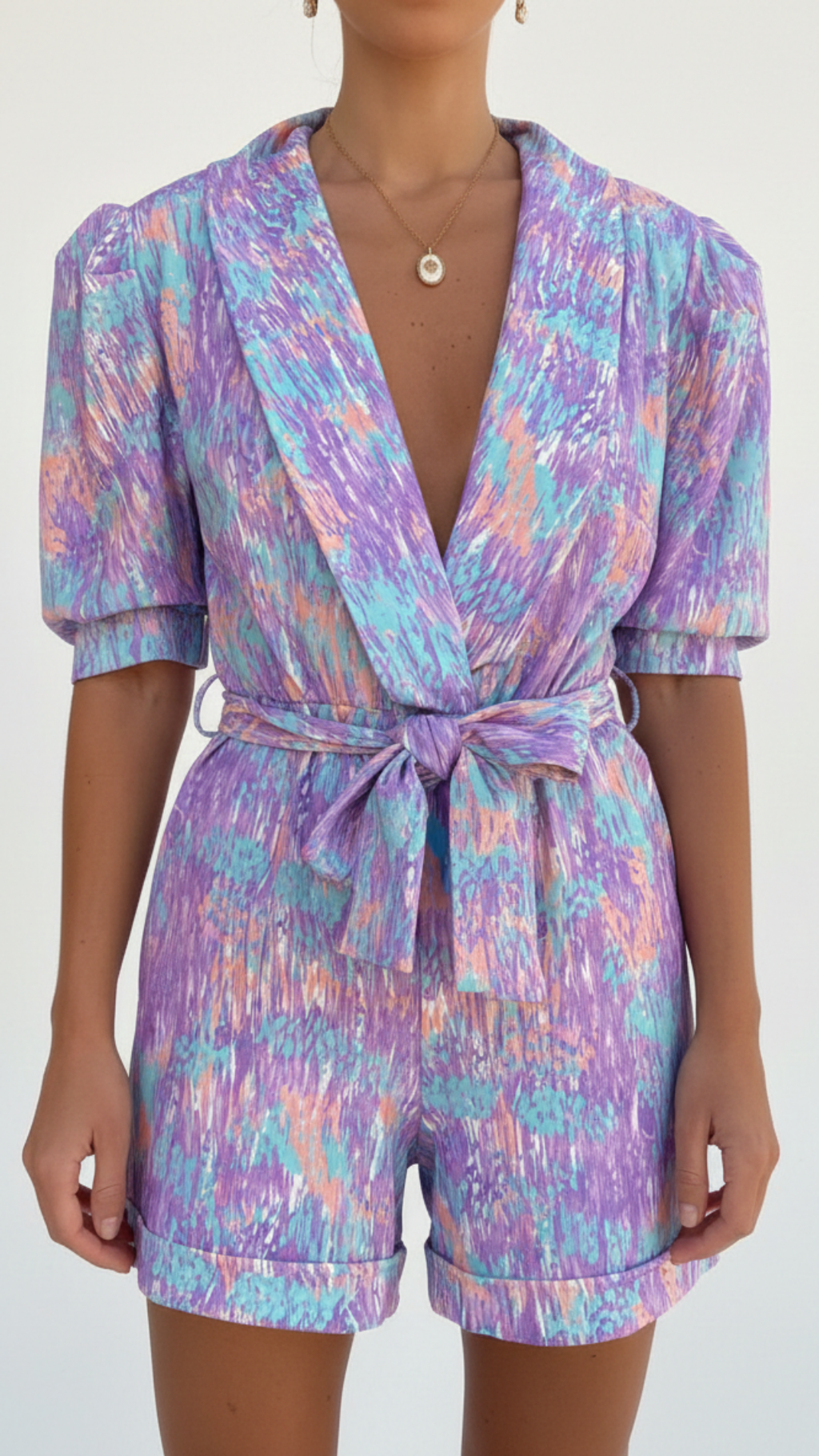 Charlotte | Women's V-Neck Romper With Puff Sleeves