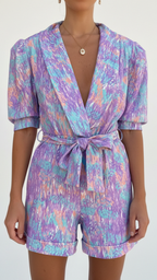 Charlotte | Women's V-Neck Romper With Puff Sleeves
