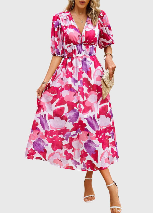Clara | Women's Floral Dress With Smocked Waist And V Neckline | Casual
