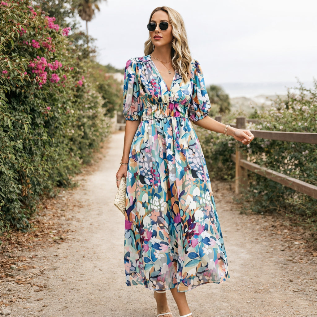 Clara | Women's Floral Dress With Smocked Waist And V Neckline | Casual