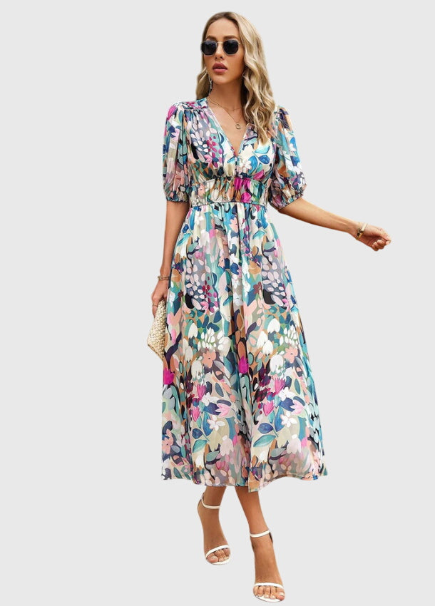 Clara | Women's Floral Dress With Smocked Waist And V Neckline | Casual