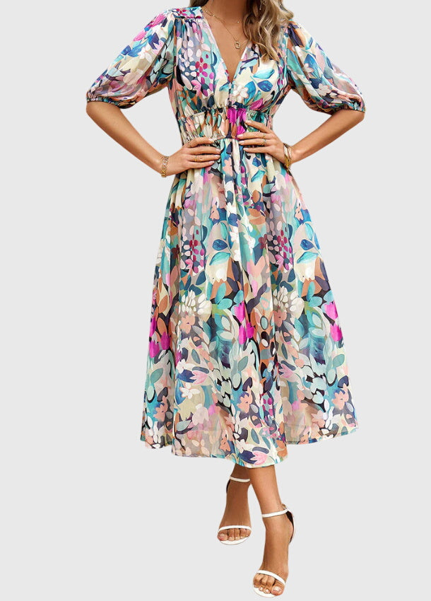 Clara | Women's Floral Dress With Smocked Waist And V Neckline | Casual