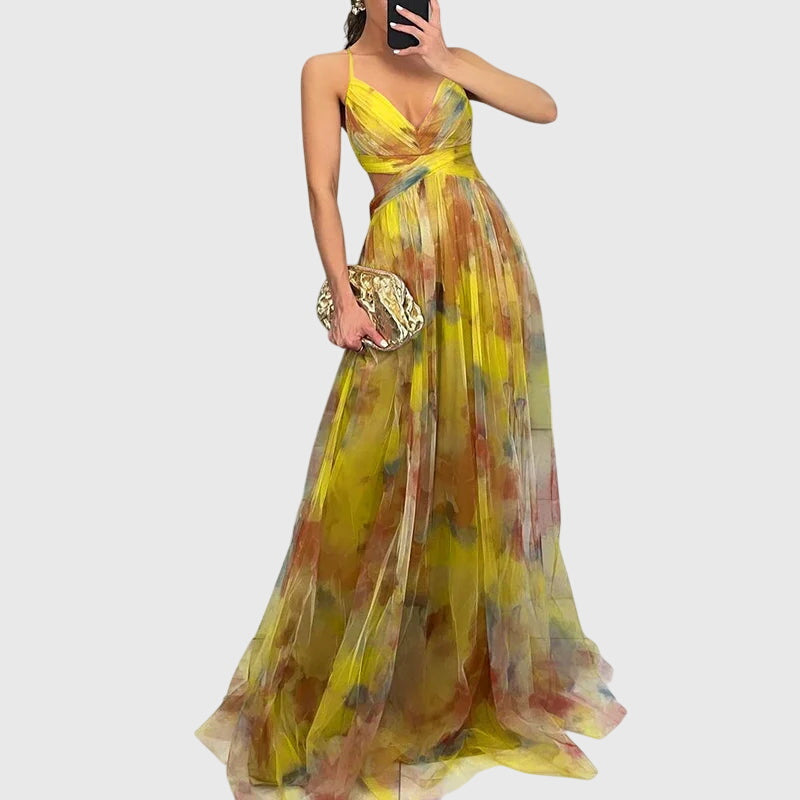 Clara | Women's Floral Dress With Spaghetti Strap Design And Flowing Maxi Skirt | Elegant
