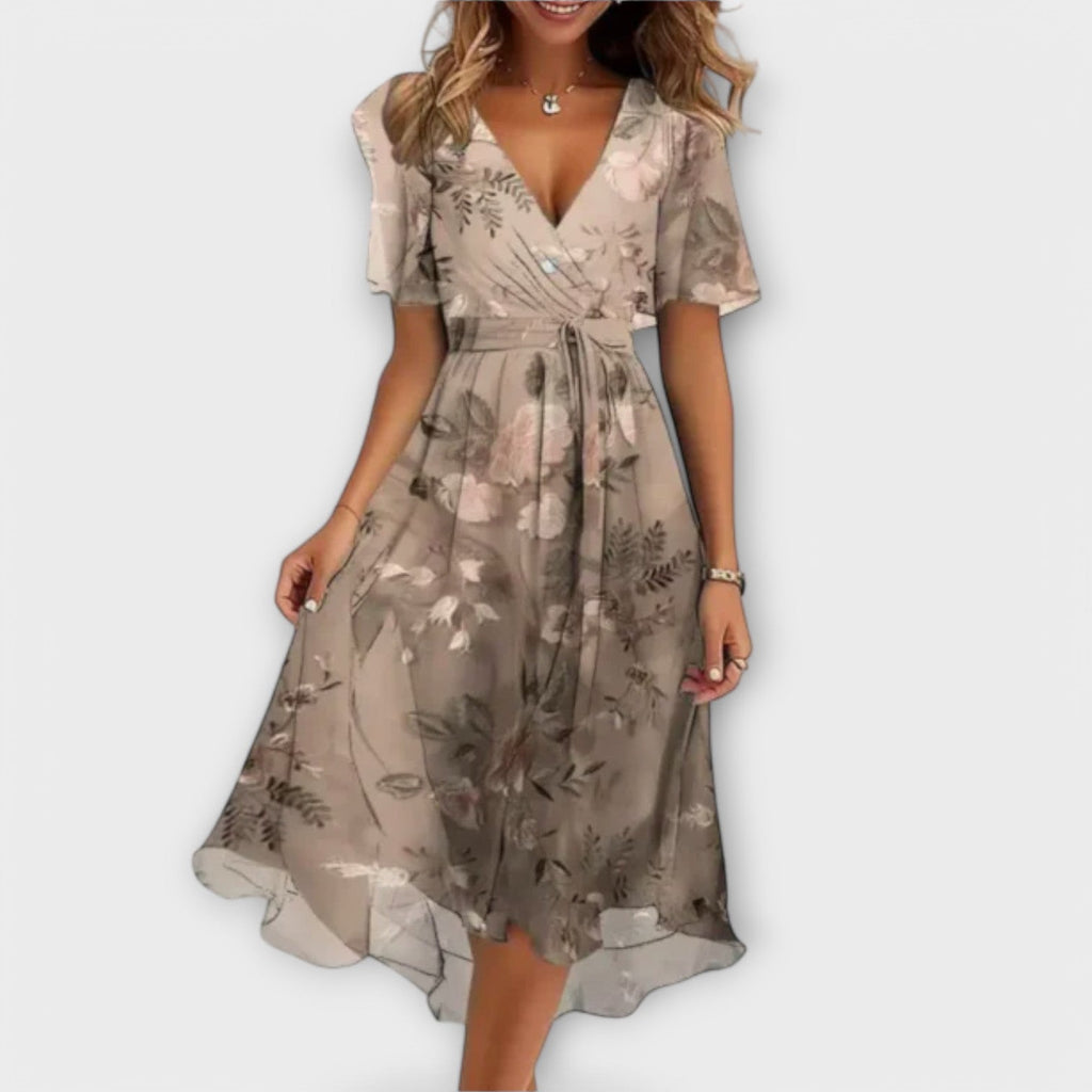 Clara | Women’s Formal Dress With Flutter Sleeves And V-Neck Midi Silhouette | Elegant