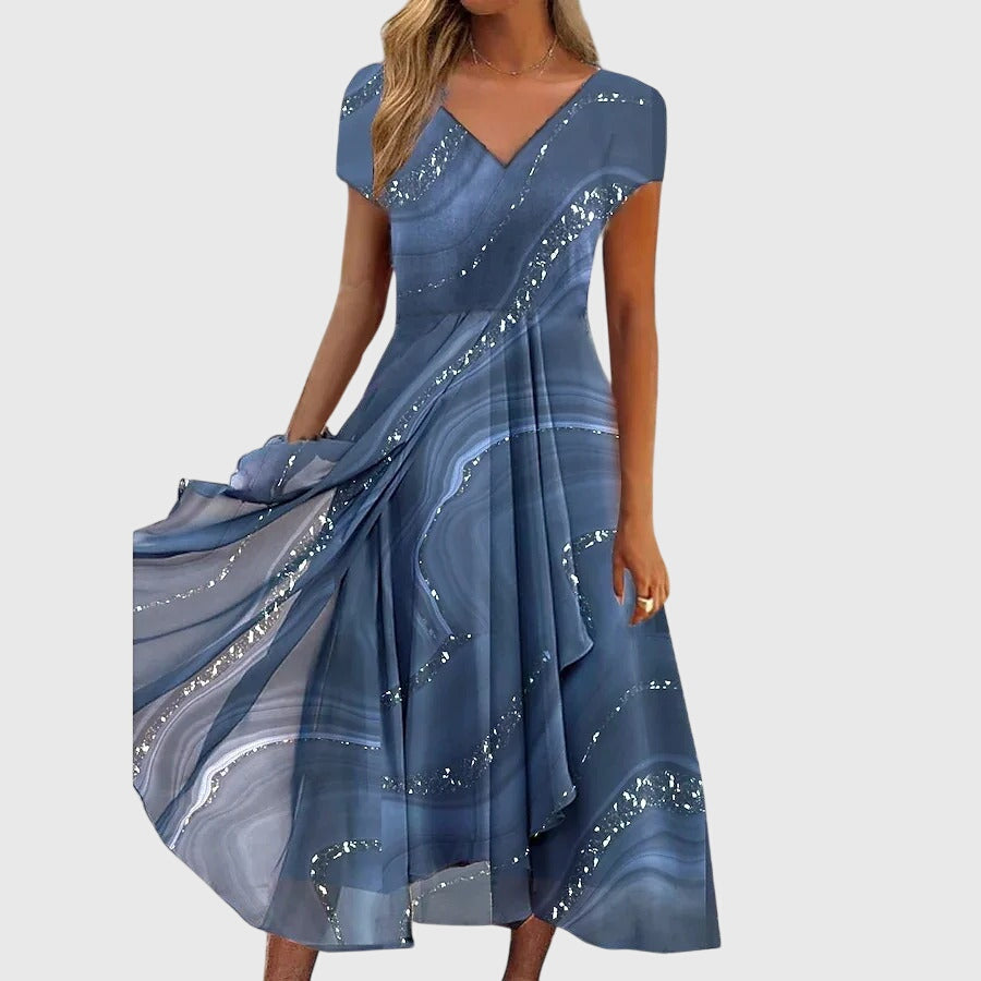 Clara | Women's Sparkle Dress With V-Neck And Flowing Swirl Print | Elegant