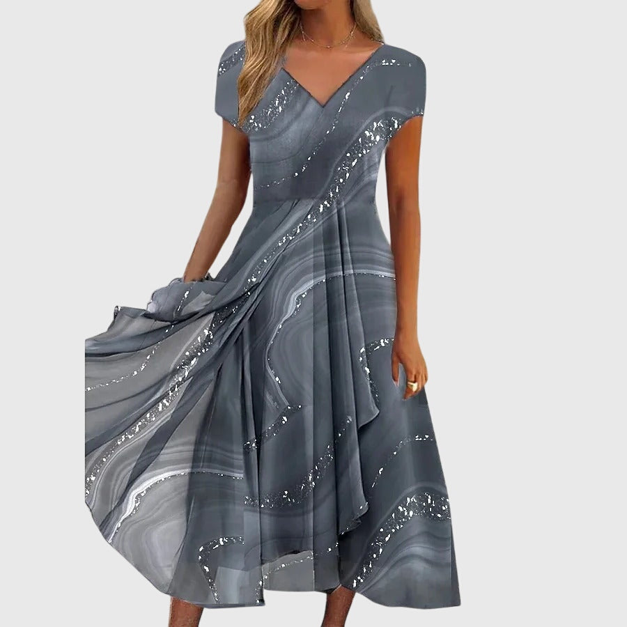 Clara | Women's Sparkle Dress With V-Neck And Flowing Swirl Print | Elegant