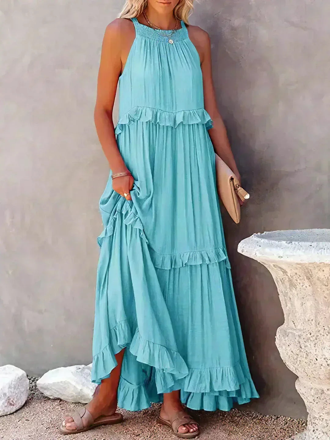 Delilah | Women's Day Dress With Halter Neck Design And Ruffle Trim Detail | Elegant