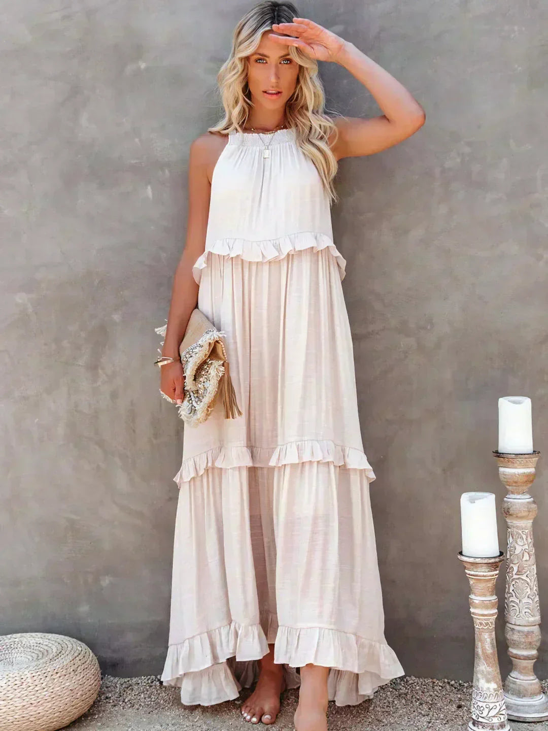 Delilah | Women's Day Dress With Halter Neck Design And Ruffle Trim Detail | Elegant