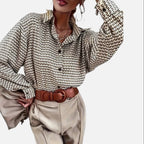 Elara | Women's Geometric Print Blouse With Long Sleeve And Contrast Buttons | Chic