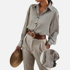Elara | Women's Geometric Print Blouse With Long Sleeve And Contrast Buttons | Chic