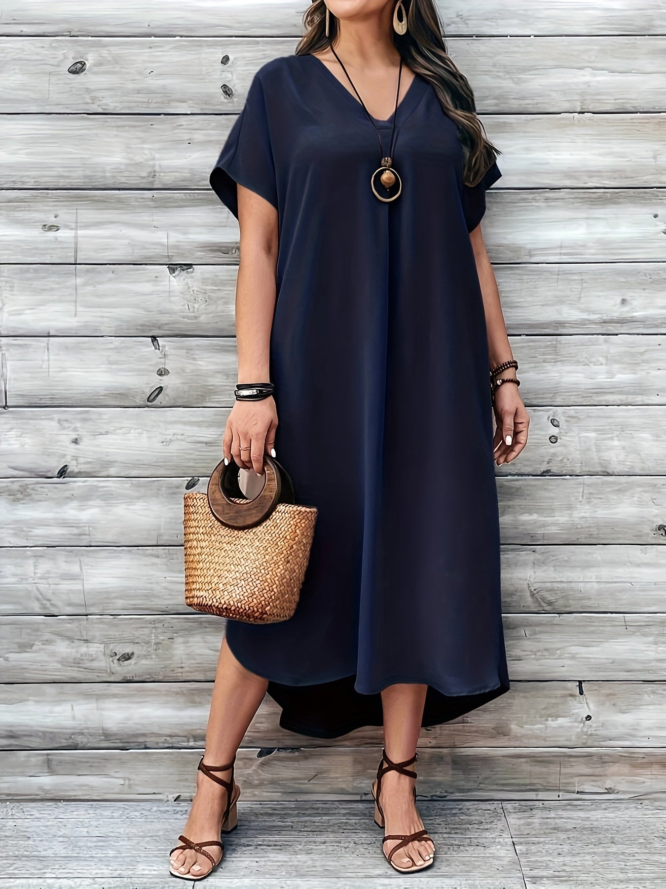 Emilia | Women's Day Dress With Flowy V Neck Design And Relaxed Midi Silhouette | Casual