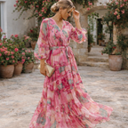 Felicity | Women's Floral Dress With Belted Waist Design And Flowing Maxi Skirt | Elegant