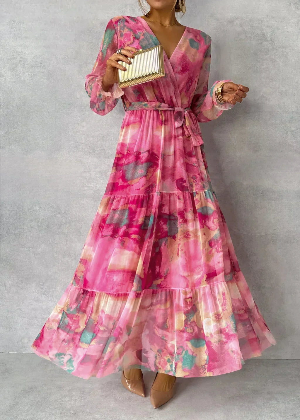 Felicity | Women's Floral Dress With Belted Waist Design And Flowing Maxi Skirt | Elegant