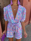 Harper | Women’s V-Neck Romper With Waist Tie And Short Sleeves