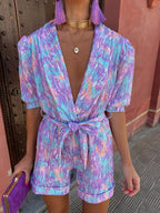 Harper | Women’s V-Neck Romper With Waist Tie And Short Sleeves