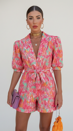 Harper | Women’s V-Neck Romper With Waist Tie And Short Sleeves