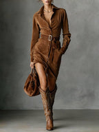Jéssara | Women’s Formal Dress With Suede Fabric And Button Front | Elegant