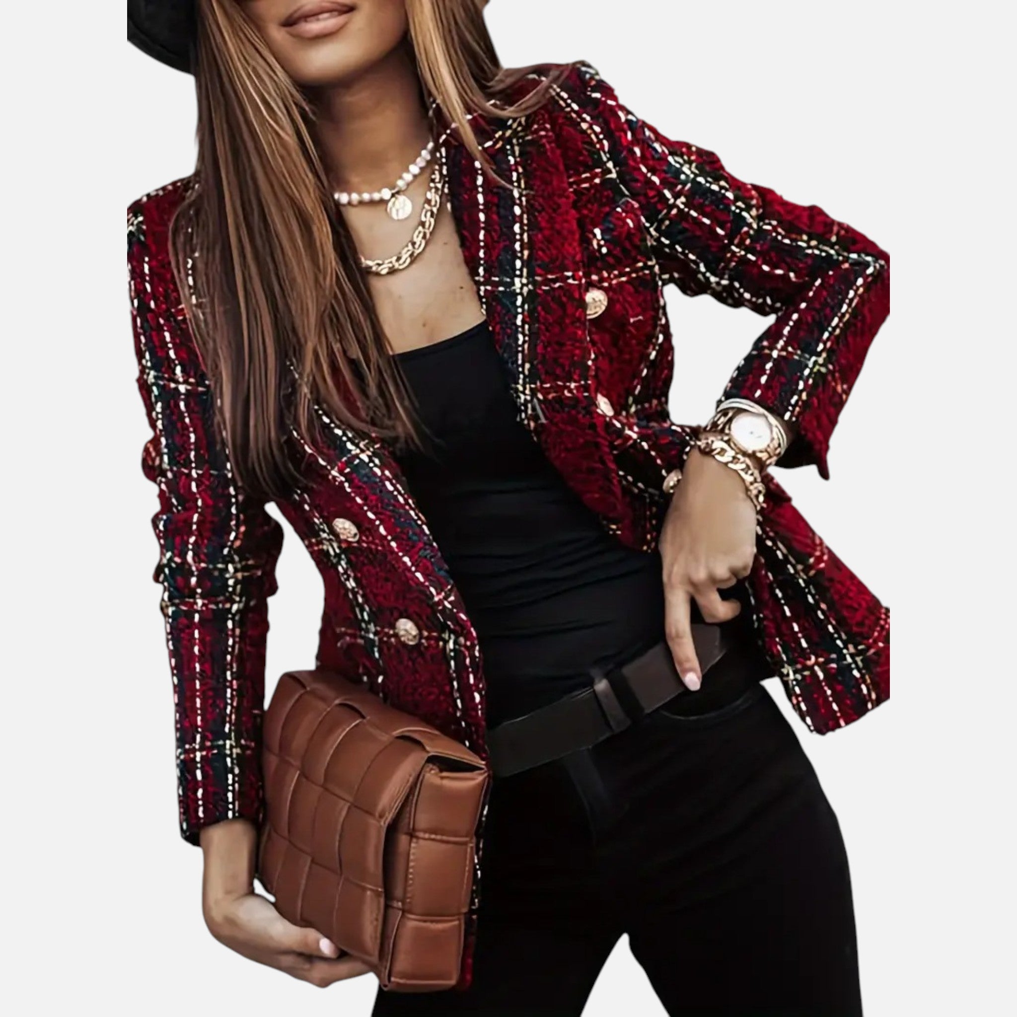 Madison | Women's Tweed Blazer With Gold Hardware And Pockets | Elegant