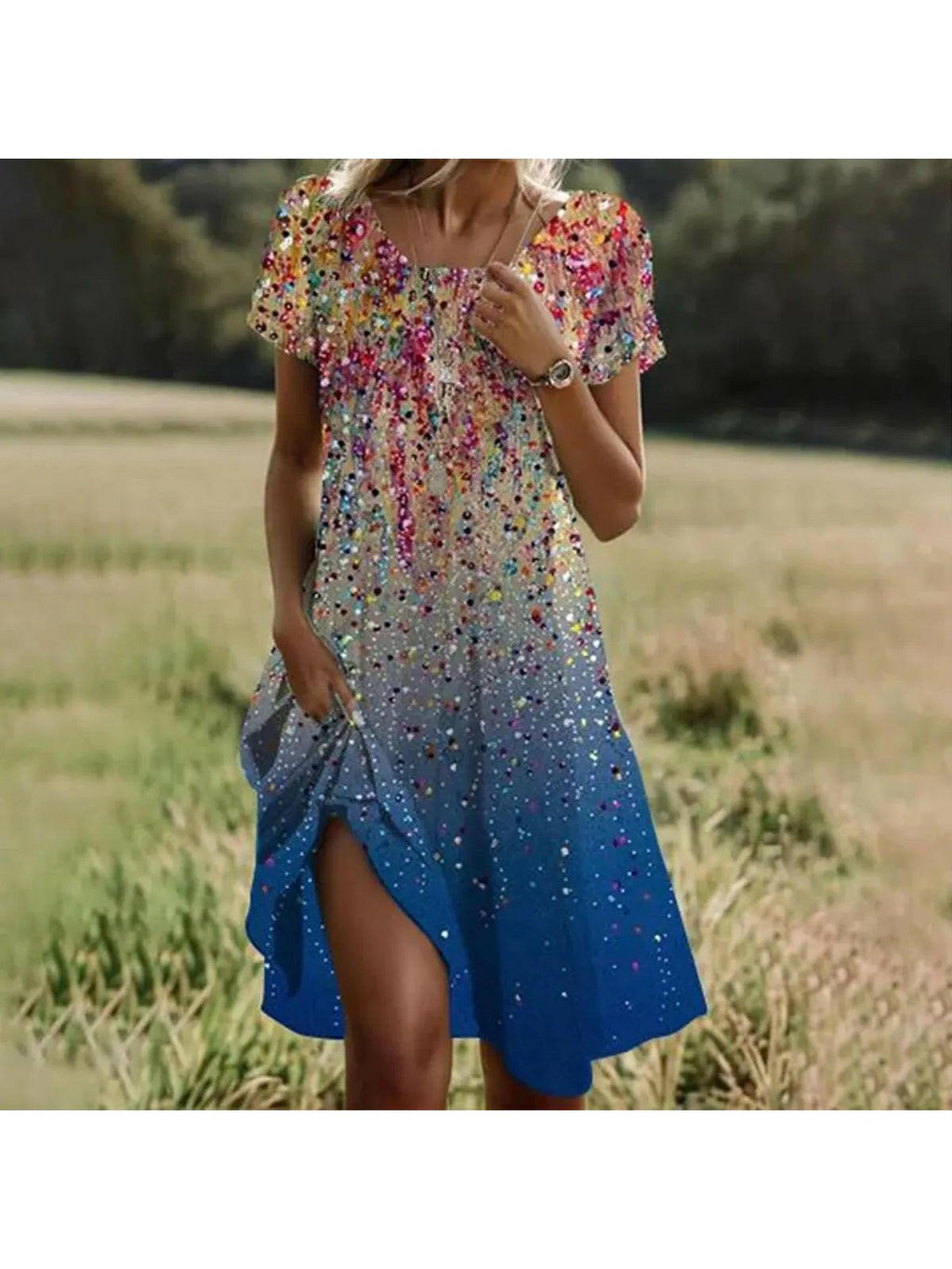 Maribel | Women's Floral Dress With Short Sleeves And Side Slit