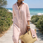 Nicole | Women’s Formal Dress With Striped Fabric And Button Front | Casual