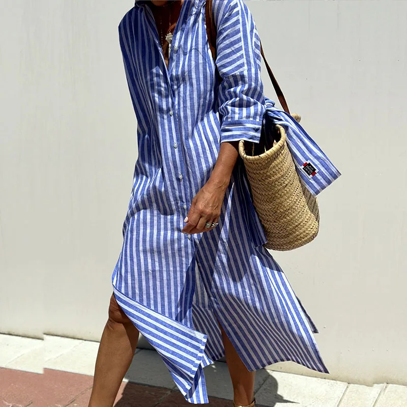Nicole | Women’s Formal Dress With Striped Fabric And Button Front | Casual