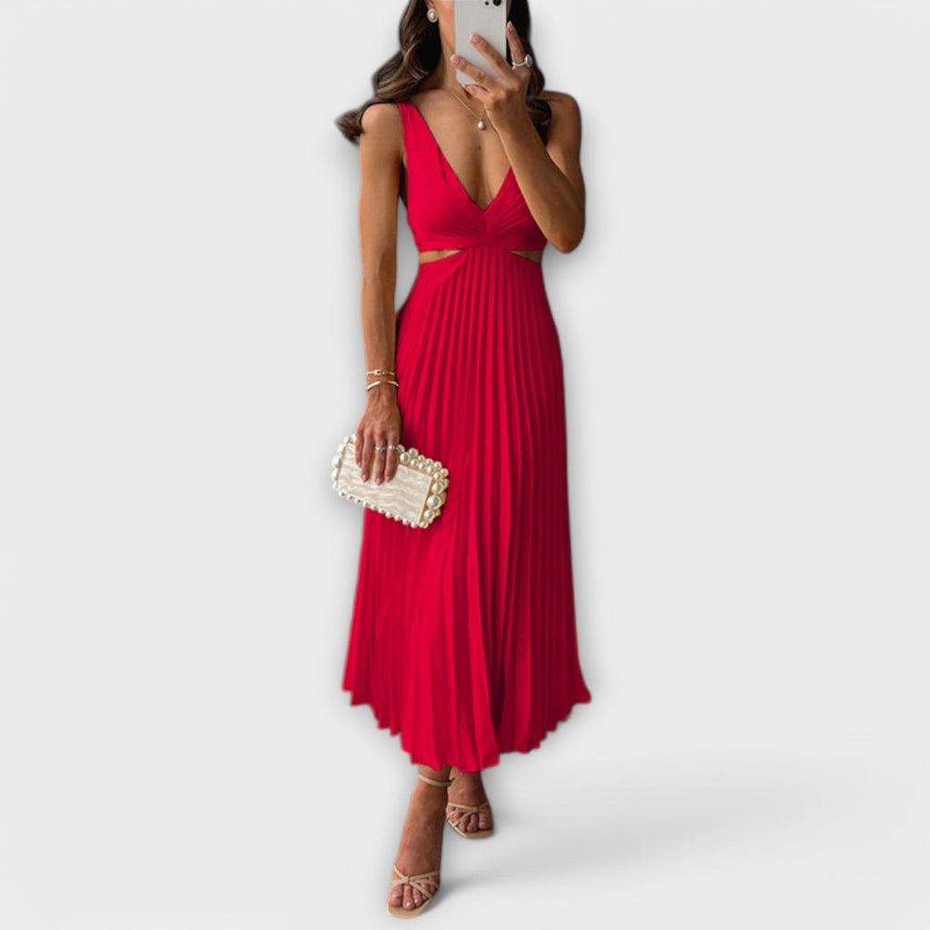 Nora | Women's Day Dress With Pleated Skirt And Sleeveless V-Neck Design | Casual