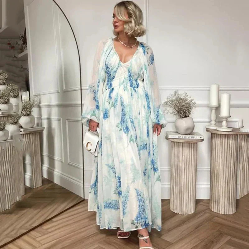 Nora | Women's Floral Dress With Flowing Maxi And Long Sheer Sleeves | Elegant