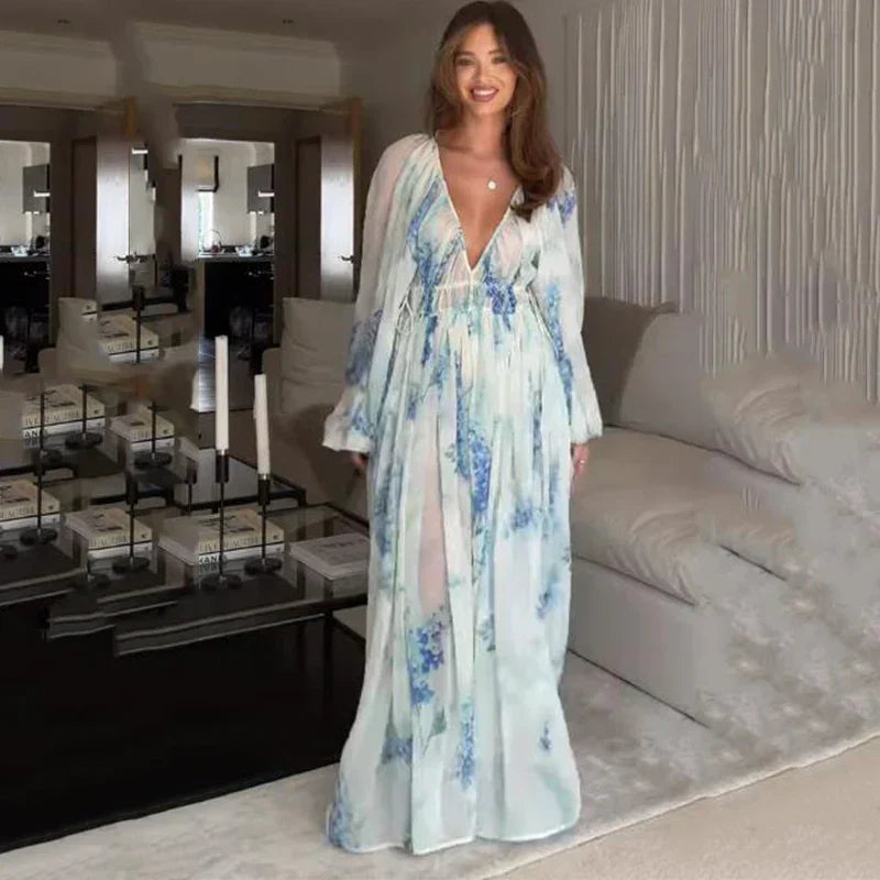 Nora | Women's Floral Dress With Flowing Maxi And Long Sheer Sleeves | Elegant