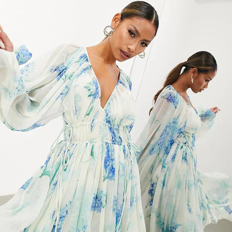 Nora | Women's Floral Dress With Flowing Maxi And Long Sheer Sleeves | Elegant