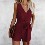 Novae | Women’s Sleeveless Romper With Button Front And Tie Waist
