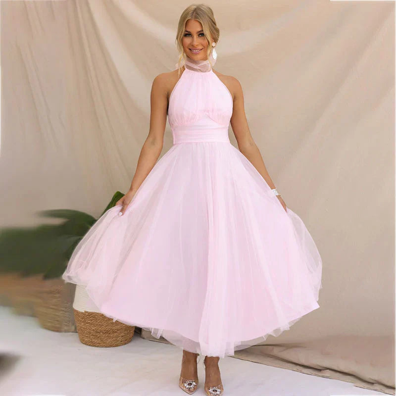 Pearlina | Women's Sparkle Dress With Mesh High Neck And Flared Silhouette | Elegant