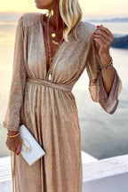 Romina | Women Cocktail Dress With Bell Sleeves And Shimmer Finish | Evening Party Style!