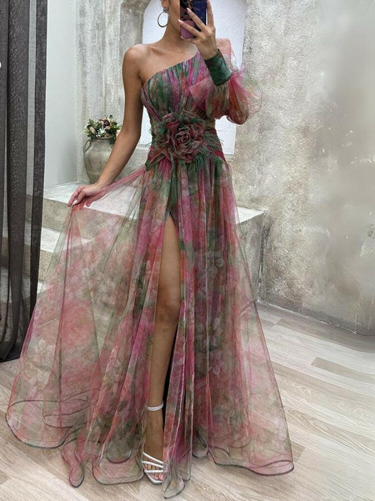 Sophia | Women’s Floral Dress With Asymmetric Neckline And Thigh-High Slit