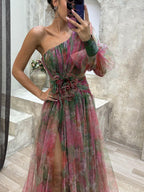Sophia | Women’s Floral Dress With Asymmetric Neckline And Thigh-High Slit