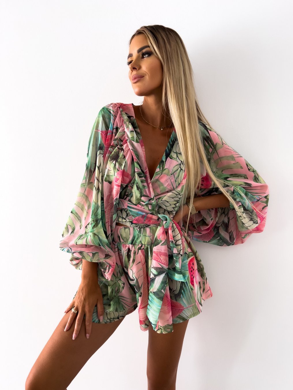 Sophia | Women's V-Neck Tropical Romper With Long Sleeves