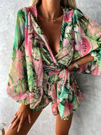 Sophia | Women's V-Neck Tropical Romper With Long Sleeves